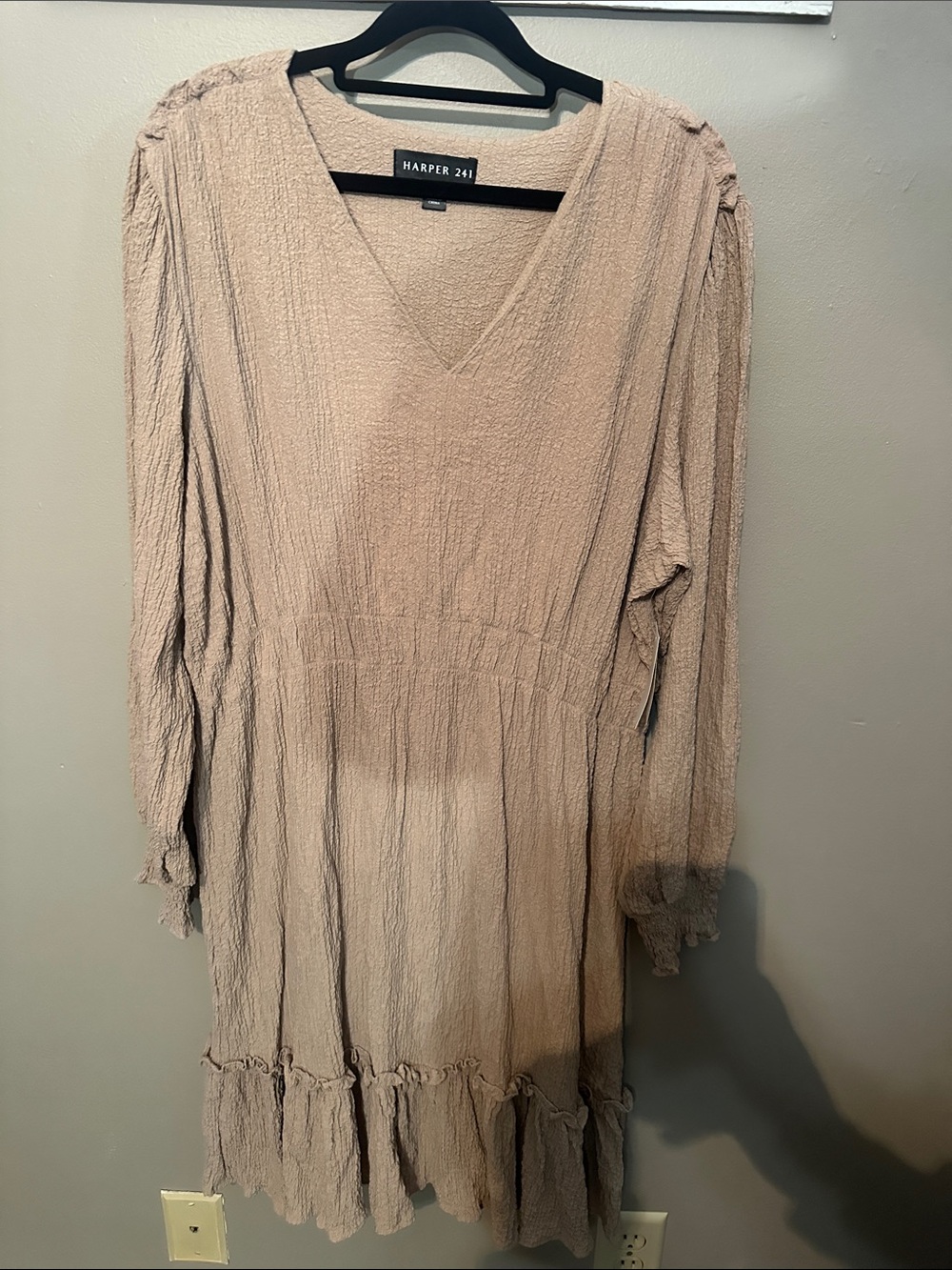 Harper 241 Taupe Textured V-Neck Long Sleeve Dress